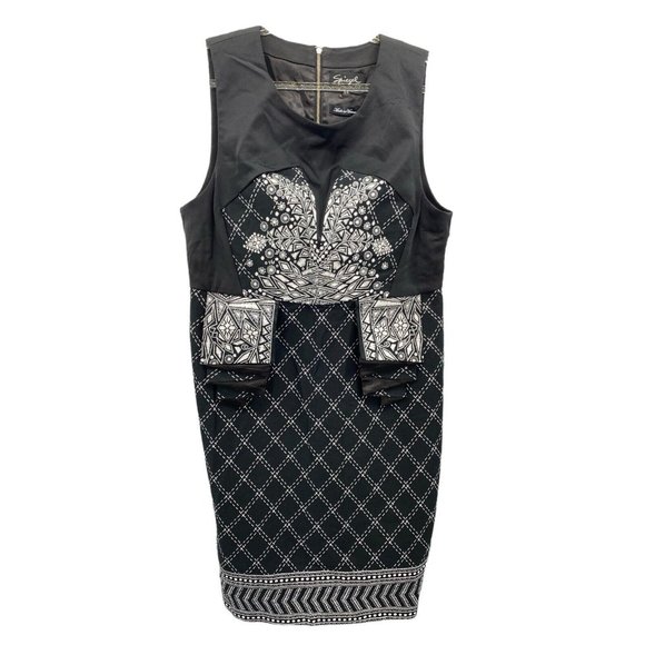 VINTAGE SPIEGEL WOMEN MIDI PENCIL SHEATH BLACK GEOMETRIC PATTERN DRESS‎ SZE 14 - Picture 1 of 8